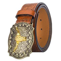 Mawjom Western-Cowboy-Gürtel aus PU-Leder – Herren-Hüftgurt mit Stier-Dekoration, floraler Gravur, für Jeans, 83,8 cm bis 101,6 cm Taille, Braun, for 27-32" waist von Mawjom