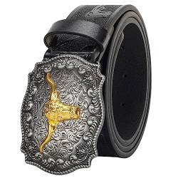 Mawjom Western-Cowboy-Gürtel aus PU-Leder – Herren-Hüftgurt mit Stier-Dekoration, floraler Gravur, für Jeans, 83,8 cm bis 101,6 cm Taille, Schwarz, for 33-36" waist von Mawjom