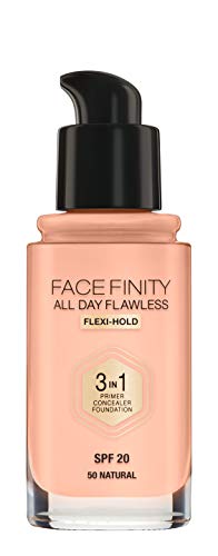 MAX FACTOR - Facefinity All Day Flawless Foundation - 3-in-1 Concealer, Liquid Foundation & Face Primer - Up To 30hr Wear - Flawless Airbrush Finish, SPF 20, Vegan - C50 Natural Rose - 30ml von Max Factor