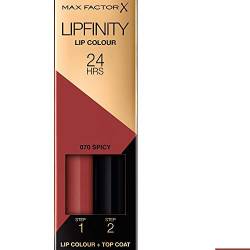 Max Factor Lipfinity Lip Colour Spicy 70 – Kussechter Lippenstift mit 24h Halt ohne auszutrocknen, mit intensiver Farbabgabe, präzisem Applikator & intensiv pflegendem Gloss-Top Coat, 4.2g (1er Pack) von Max Factor