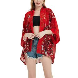 Damen-Kimono, lockerer Druck, Chiffon, Strand, Schwimmen, Vertuschung, Cardigan, Capes, Bluse, Tops, Rot mit Blumenmuster, Einheitsgröße von Max Hsuan