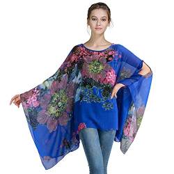 Max Hsuan Damen Lose Solid Sheer Chiffon Caftan Poncho Fledermaus Tunika Top Bluse Sommer Oversized Shirts, Blumenblau, Einheitsgröße Mehr von Max Hsuan