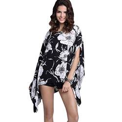 Max Hsuan Damen Lose Solid Sheer Chiffon Caftan Poncho Fledermaus Tunika Top Bluse Sommer Oversized Shirts, Schwarz-weiß Blumenmuster, Einheitsgröße von Max Hsuan