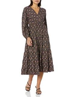 Max Studio Damen Rayon 3/4 Ärmel Surplice Neck Midi Kleid, Marine-/Rost-Stempel mit Blätterknospen, X-Groß von Max Studio