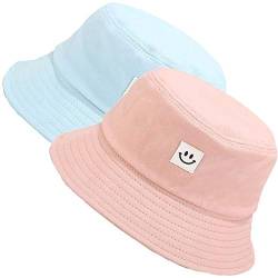 MaxNova Reversible Bucket Hats for Women Travel Beach Sun Hat Flower Embroidery Outdoor Cap Unisex, 2 Stück pink-blaue Smiley-Gesichter, Einheitsgröße von MaxNova