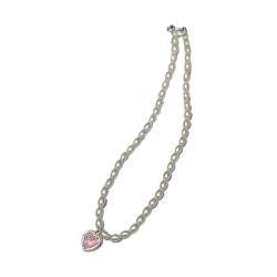 Maxtonser Elegante Perlen-Perlen-Halskette, süße coole Schleife, Liebes-Herz-Anhänger-Halsketten, Halloween-Pullover-Kette, Y2K-Party-Schmuck, rosa Herz von Maxtonser