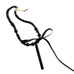 Maxtonser Elegante schwarze Band-Bowknot-Choker-Halskette für Frauen, Hochzeit, Imitationsperle, Schlüsselbeinkette, Y2K-Schmuckzubehör, Schwarz von Maxtonser