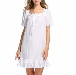 Damen Nachthemd aus 100 % Baumwolle, kurzärmelig, viktorianisches Nachthemd, Weiß, Medium von MaxxCloud