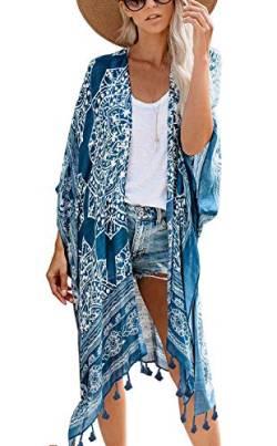 May Story Damen Kimono Sommer Cardigan Gedruckt Kurzarm Lange Bluse Tops Beachwear Lässige Strand Poncho Pareos (One Size, Blau) von May Story