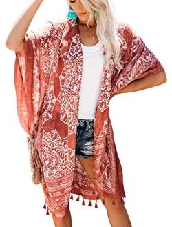 May Story Damen Kimono Sommer Cardigan Gedruckt Kurzarm Lange Bluse Tops Beachwear Lässige Strand Poncho Pareos (One Size, Braun) von May Story