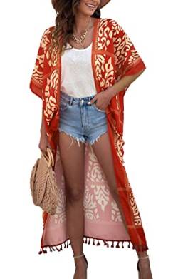 May Story Damen Kimono Sommer Cardigan Gedruckt Kurzarm Lange Bluse Tops Beachwear Lässige Strand Poncho Pareos (One Size, Orange-1) von May Story