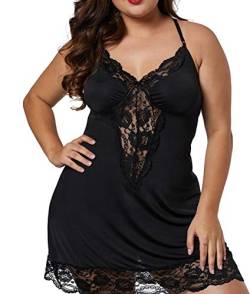 May Story Damen Negligee mit Spitze V-Ausschnitt Rückenfrei Halfter Unterwäsche Nachtwäsche Dessous Babydoll Kleid (3XL EU54-56, Schwarz) von May Story