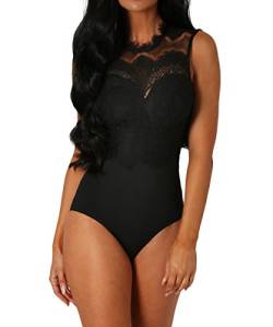 May Story Damen Weiß Rückenfrei Spitze Bodysuit Damenbody ärmellos Elegant Oberteil (S EU36-38, Schwarz) von May Story