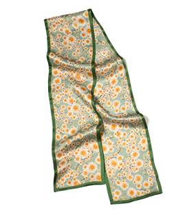 MayTree Seidentuch, schmales, buntes Halstuch für Damen aus 100% Maulbeer-Seide, Gänseblümchen, grün, orange, weiss, beiseitig 16 x 145 cm von MayTree