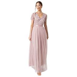 Maya Deluxe Damen Ballkleid Abendkleid V-ausschnitt Maxi Länge Pailletten Kurze Ärmel Für Hochzeit Geburtstag Brautjungfer Bridesmaid Dress, Frosted Pink, 44 EU von Maya Deluxe