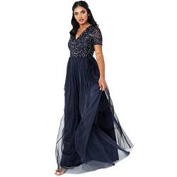 Maya Deluxe Damen Ballkleid Abendkleid V-ausschnitt Maxi Länge Pailletten Kurze Ärmel Für Hochzeit Geburtstag Brautjungfer Bridesmaid Dress, Navy, 50 EU von Maya Deluxe