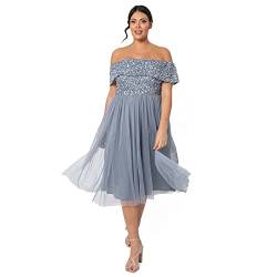 Maya Deluxe Damen Bardot - Midi-Kleid mit Verzierungen Bridesmaid Dress, Dusty Blue, 42 EU von Maya Deluxe