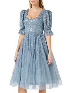 Maya Deluxe Damen Ladies Dress For Women Midi Sequin Embellished Frilly Sweetheart Neckline Puffed Sleeves For Wedding Kleid, Dusty Blue, 34 EU von Maya Deluxe