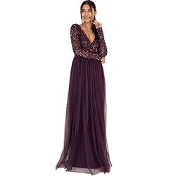 Maya Deluxe Damen Ladies Maxi For Women With Long Sleeves V Neckline Plunging Sequin Embellished For Wedding Gue Dress, Berry, 54 EU von Maya Deluxe