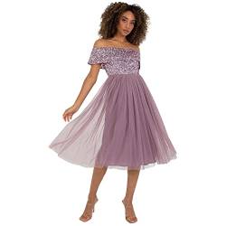 Maya Deluxe Damen Maya Deluxe Ladies Bardot Dresses For Women Midi High Empire Waist Sequins Embellished Formal Evenin Brautjungfernkleid, Moody Lilac, 36 EU von Maya Deluxe