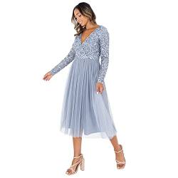 Maya Deluxe Damen Maya Deluxe Midi Elegant Wedding Sleeves Deep V Neck Sequins Cocktail Prom Bridesmaid Dress, Dusty Blue, 48 EU von Maya Deluxe