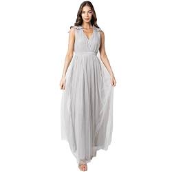 Maya Deluxe Damen Maya Deluxe Women's Maxi With Ruffle V Neck Sleeveless High Empire Waist Long Prom Guest Weddi Bridesmaid Dress, Soft Grey, 36 EU von Maya Deluxe