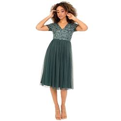 Maya Deluxe Damen Midi-Kleid mit V-Ausschnitt, Verziert Brautjungfernkleid, Emerald Green, 42 (14 UK ) von Maya Deluxe