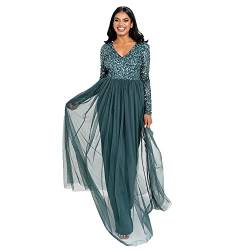 Maya Deluxe Damen Women's Dress Long Sleeve for Wedding Guest V Neck High Empire Waist Maxi Long Length Evening Brides Kleid, Emerald Green, 46 EU von Maya Deluxe