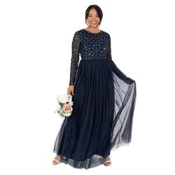 Maya Deluxe Damen Women's Ladies Maxi Dress Long Sleeve Round Neck Sequin Embellished Tulle Floral A-line for Occasion Prom Ball Gown Kleid, Navy Blue, von Maya Deluxe