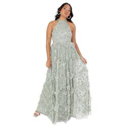 Maya Deluxe Damen Women's Maxi Dress Ladies Halterneck Sleeveless Sage Sequin Embellished Ruffles Split Slit A-line Evening Ball Gown Kleid, Green Lily, von Maya Deluxe
