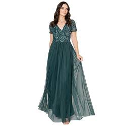 Maya Deluxe Damen Women's V Neckline Embellished Neck Maxi Dress Short Sleeve Empire Waist Prom Graduation Bridesmaid Wedding Guest Brautjungfernkleid, Emerald Green, 42 EU von Maya Deluxe