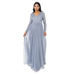 Maya Deluxe Damen Womens Ladies Dress Sleeve for Wedding Guest V Neck High Empire Waist Maxi Long Length Evening Bridesmaid Prom Kleid, Dusty Blue, 26 von Maya Deluxe