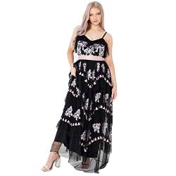 Maya Deluxe Damen Womens Ladies Maxi Dress Tiered Floral Embroidery V Neckline Bow Tie High Waist Cami Frilly Stripes Sleeveless Black Kleid, 38 von Maya Deluxe