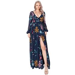 Maya Deluxe Damen Womens Ladies Maxi Dress with Slit Long Sleeve Bishop V Neckline Floral Embellishment for Special Occasions Prom Ball Kleid, Navy, 34 von Maya Deluxe