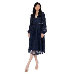 Maya Deluxe Damen Womens Midi Dress Ladies Floral Embroidered Lace Long Sleeve V-Neck for Wedding Guest Bridesmaid Prom Occasion Ball Gown Kleid, Navy, 50 von Maya Deluxe