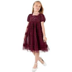 Maya Deluxe Girl's Midi Dress Sequins Embellished Short Sleeves Party Tutu Ruffles Frilly Bridesmaids Wedding Kids Children, Red Berry, 9-10 Years von Maya Deluxe