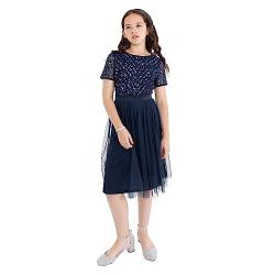 Maya Deluxe Girl's Midi Girls for Wedding with Sequin Embellishment Short Sleeve Prom Birthday Party Bridesmaid Dress, Navy, 9-10 Years von Maya Deluxe