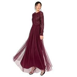 Women's Maxi Dress Ladies Crew Neck Long Sleeve Sequin Embellished Tulle Ruffle for Wedding Guest Bridesmaid Ball Gown, Red Berry, 52 von Maya Deluxe