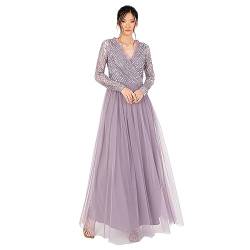Women's Maxi Dress Ladies Embellished Wrap Tulle Frilly V-Neck Long Sleeve for Wedding Guest Bridesmaid Prom Ball Gown, Moody Lilac, 48 von Maya Deluxe