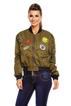 Mayaadi Damen Jacke Bomber-Jacke Übergangs-Jacke Parka Weste Mantel Blogger Aufnäher Patches 1049 Khaki L von Mayaadi