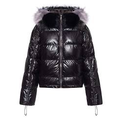 Mayaadi Damen Jacke Parka Glänzend Steppjacke Lack Optik Winterjacke Kunstfell XXL Kapuze Wet Look Herbst Hochglanz Warme Winterparka Moderne Gesteppt Winter SW05 Schwarz S von Mayaadi