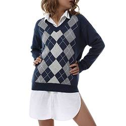 Damen Argyle Plaid Strickpullover Langarm Rundhals Lose Pulli Pullover Y2k Preppy Stil Geometrische Muster Strickoberteile (Z-Blau, L) von Mayber