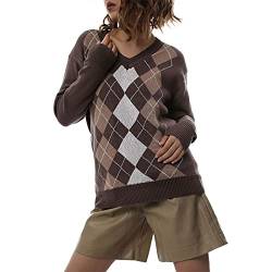 Damen Argyle Plaid Strickpullover Langarm Rundhals Lose Pulli Pullover Y2k Preppy Stil Geometrische Muster Strickoberteile (Z-Braun, L) von Mayber