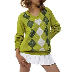 Damen Argyle Plaid Strickpullover Langarm Rundhals Lose Pulli Pullover Y2k Preppy Stil Geometrische Muster Strickoberteile (Z-Grün, L) von Mayber