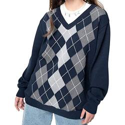 Damen Argyle Plaid Sweater Pullover Y2k Crewneck Langarm Oversized Knit Tops Preppy England Style E Girl Vintage Sweater (Dunkelblau, S) von Mayber