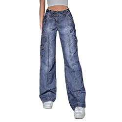 Damen Baggy Jeans Hohe Taille Weites Bein Gerade Denim Hose Print Lose E Mädchen Streetwear Hosen Y2k Fashion Jean (Blau F, M) von Mayber