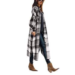 Damen Casual Kariert Wollmischung Mantel Button Down Revers Karierte Jacke Mantel Langarm Lose Winter Lange Oberbekleidung (Schwarz Weiß, M) von Mayber