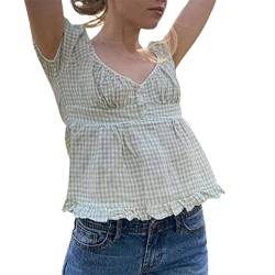 Damen Fairy Grunge Shirt Kurzarm Spitze Patchwork Crop Top Quadratischer Ausschnitt Fairycore Tee Vintage Ästhetisches Slim T-Shirt Y2k Streetwear (Grün, M) von Mayber
