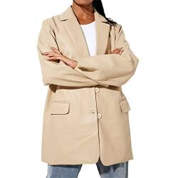 Damen Kunstleder Blazer Jacke Langarm Knopfleiste Oversized Blazer Shacket Motorrad Freund Mantel Vintage Herbst Outwear (Aprikose, M) von Mayber