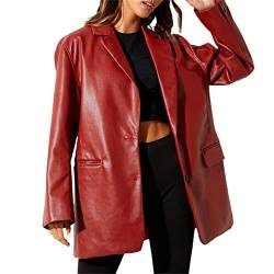 Damen Kunstleder Blazer Jacke Langarm Knopfleiste Oversized Blazer Shacket Motorrad Freund Mantel Vintage Herbst Outwear (Rot, L) von Mayber